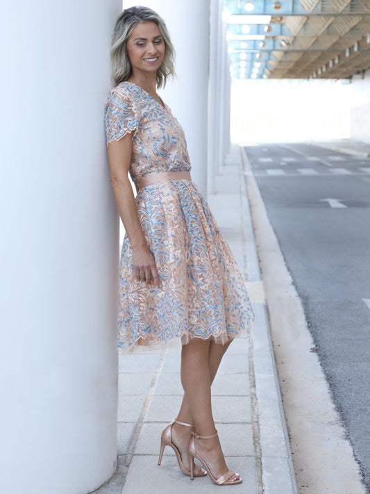 VVC Blue Flower Shirt side view, luxury hand-embroidered sequins V-neck, one-of-a-kind design