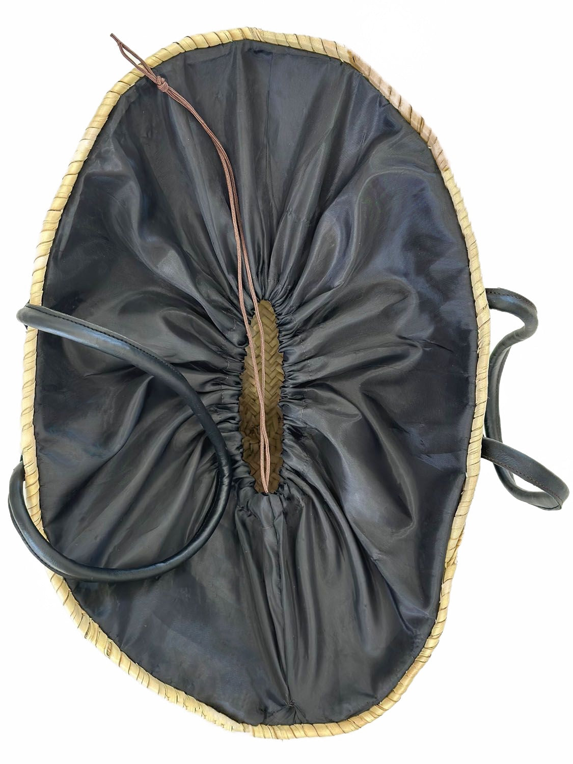 Top view of Handmade sequin basket with black shiny sequins and silver angel wings embroidery, featuring black leather handles. SHOPPING BAG, TOTE BAG, beach basket