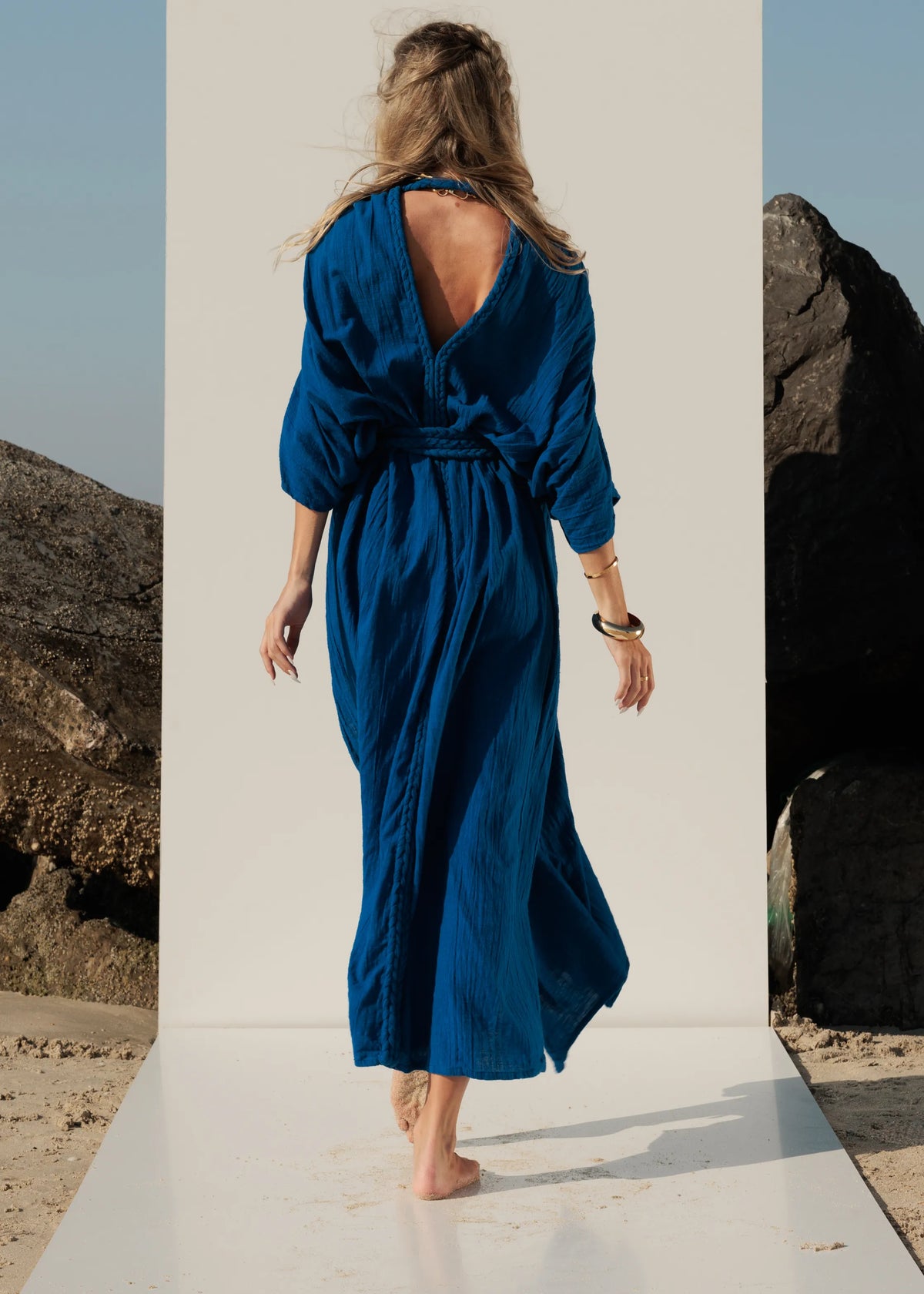 Braided tie belt detail back view on Aphrodite maxi dress for adjustable fit.