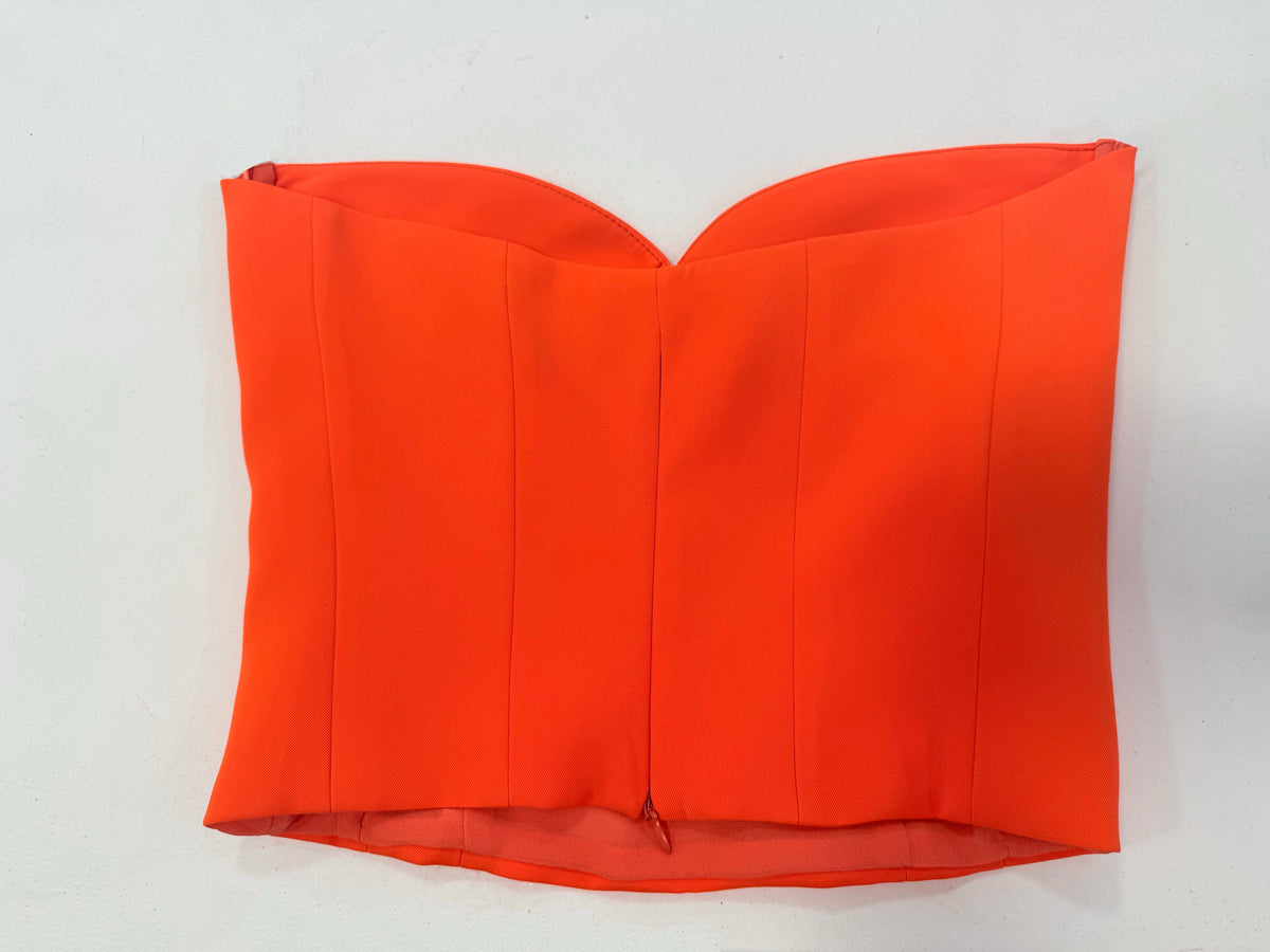 Back view of Berrin neon orange bandeau bustier top with zipper, tailored women’s top available at viktoria-vigh.com
