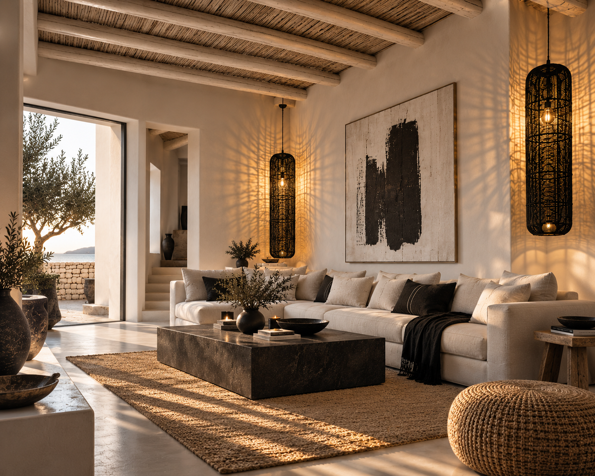 Black handmade cylinder lampshades, 38 x 170 cm, styled in a Mediterranean living room with warm patterned light