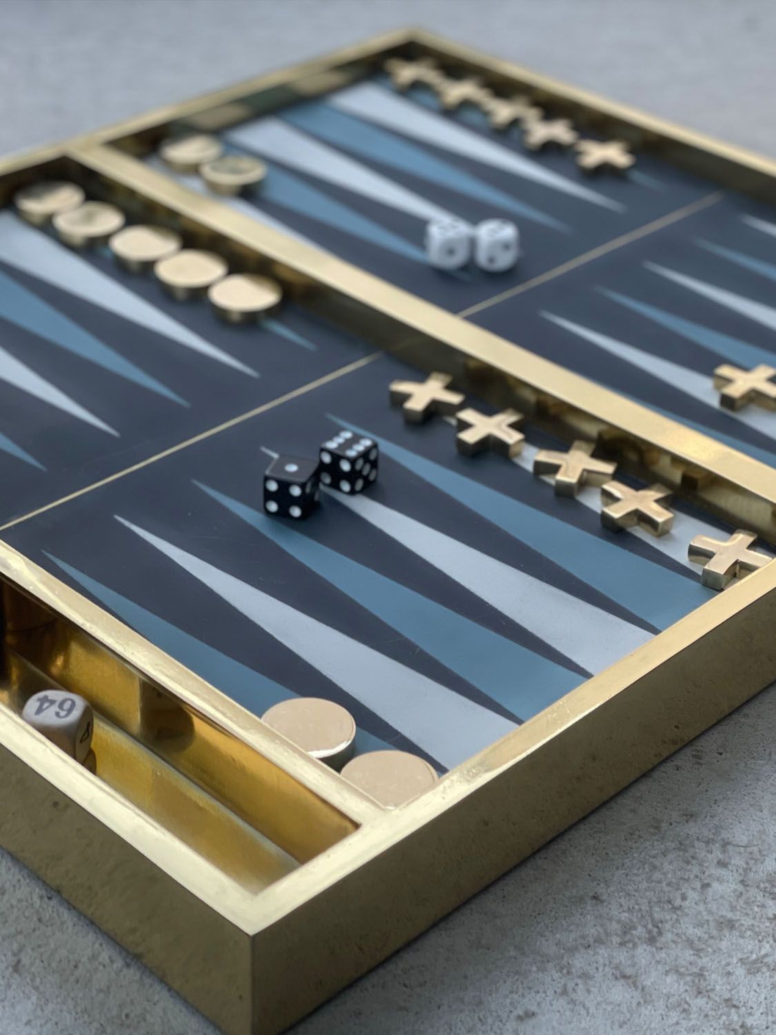Popham Design handmade backgammon with brass and leather, Moroccan craftsmanship, sold in Sitia, Crete