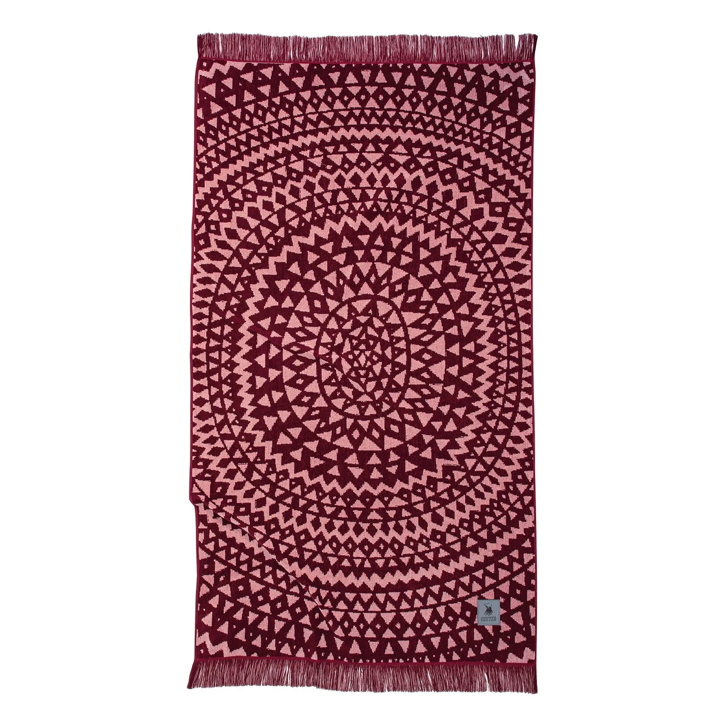 Greenwich Polo Club 3771 burgundy and ecru ethnic-pattern cotton beach towel with fringes, 90 × 180 cm.