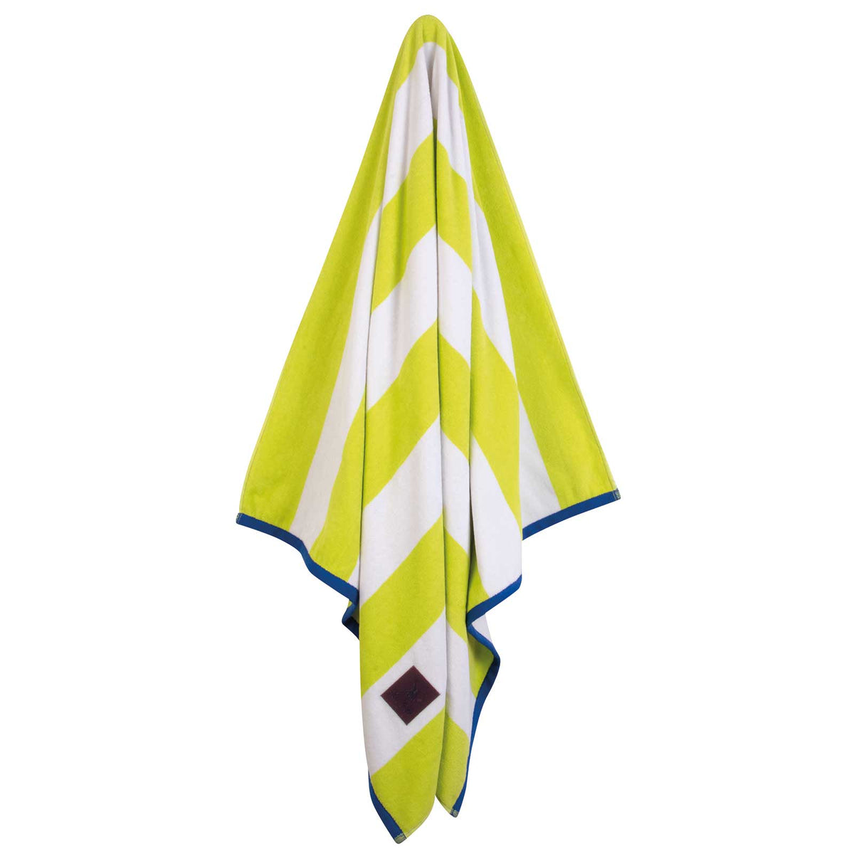 Hanging Greenwich Polo Club 3818 lime green and white striped cotton beach towel with blue trim.