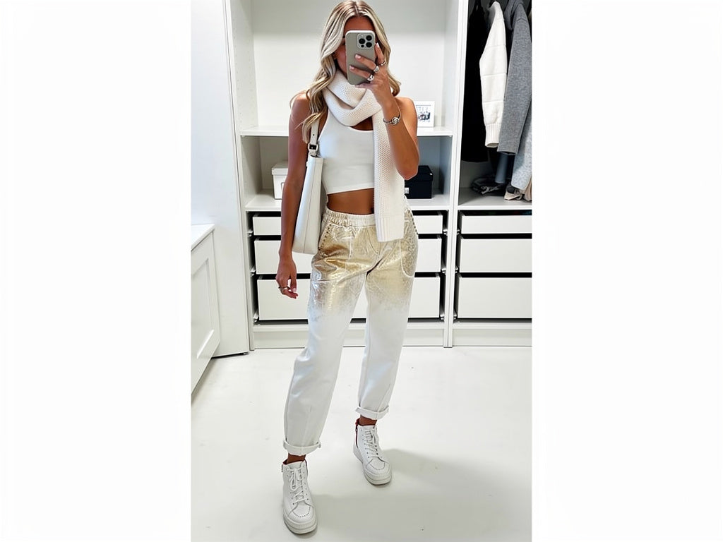 Front view of gold shimmer trousers with elastic waist and belt loops — statement pants for day or night, sold at VVC Shop Sitia.