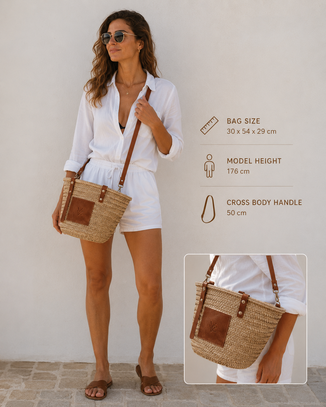 Handmade VVC™ palm leaf crossbody basket with adjustable leather strap and leather pocket. Perfect as a beach bag, shopping tote, hand luggage and holiday travel bag in Crete, Greece.