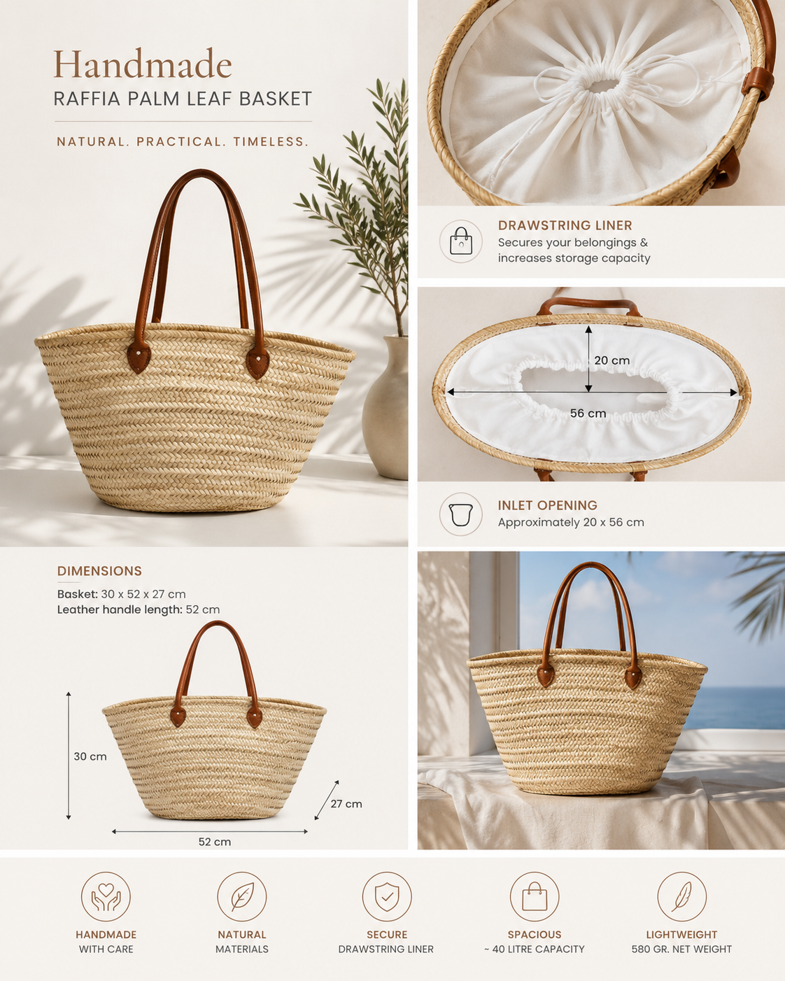 Handmade raffia palm leaf basket with brown leather handles, white drawstring liner, 40 litre capacity and natural summer design at VVC SHOP Sitia, Crete