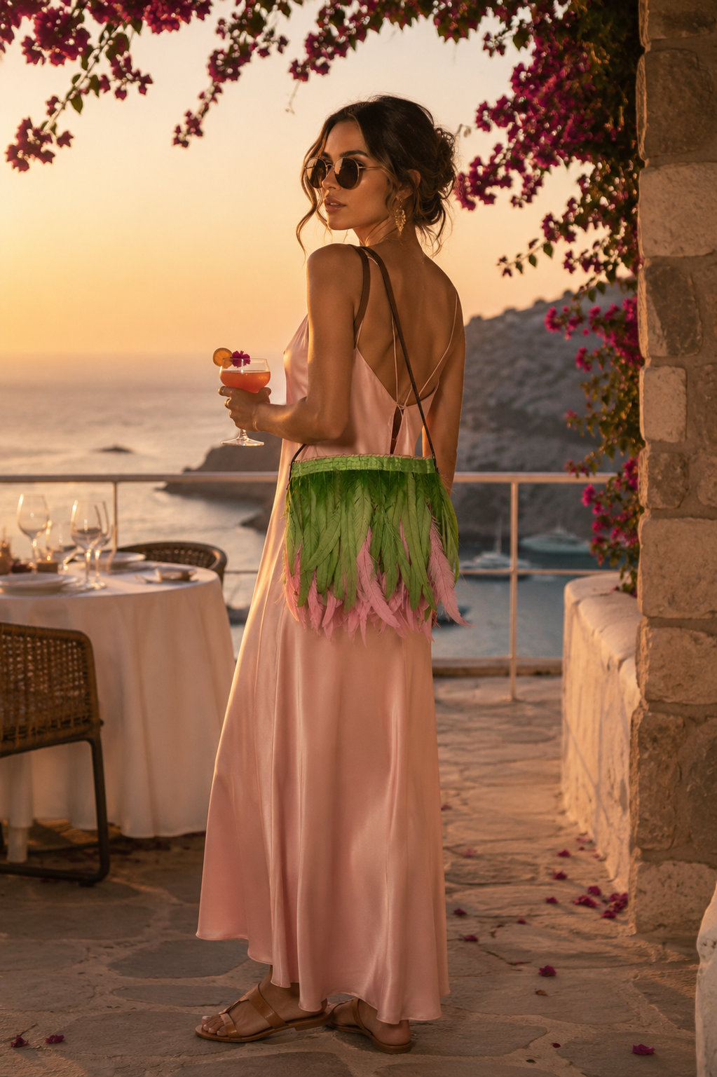 VVC raffia feather shoulder bag in green and light pink styled for a Mediterranean sundowner outfit in Crete, Greece