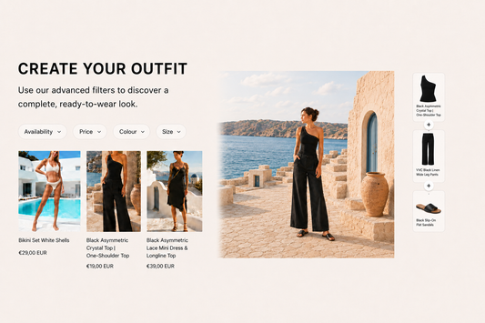 VVC online shop filter guide showing how to shop by colour, size, price and availability, with styling inspiration from VVC Shop Sitia, Crete.