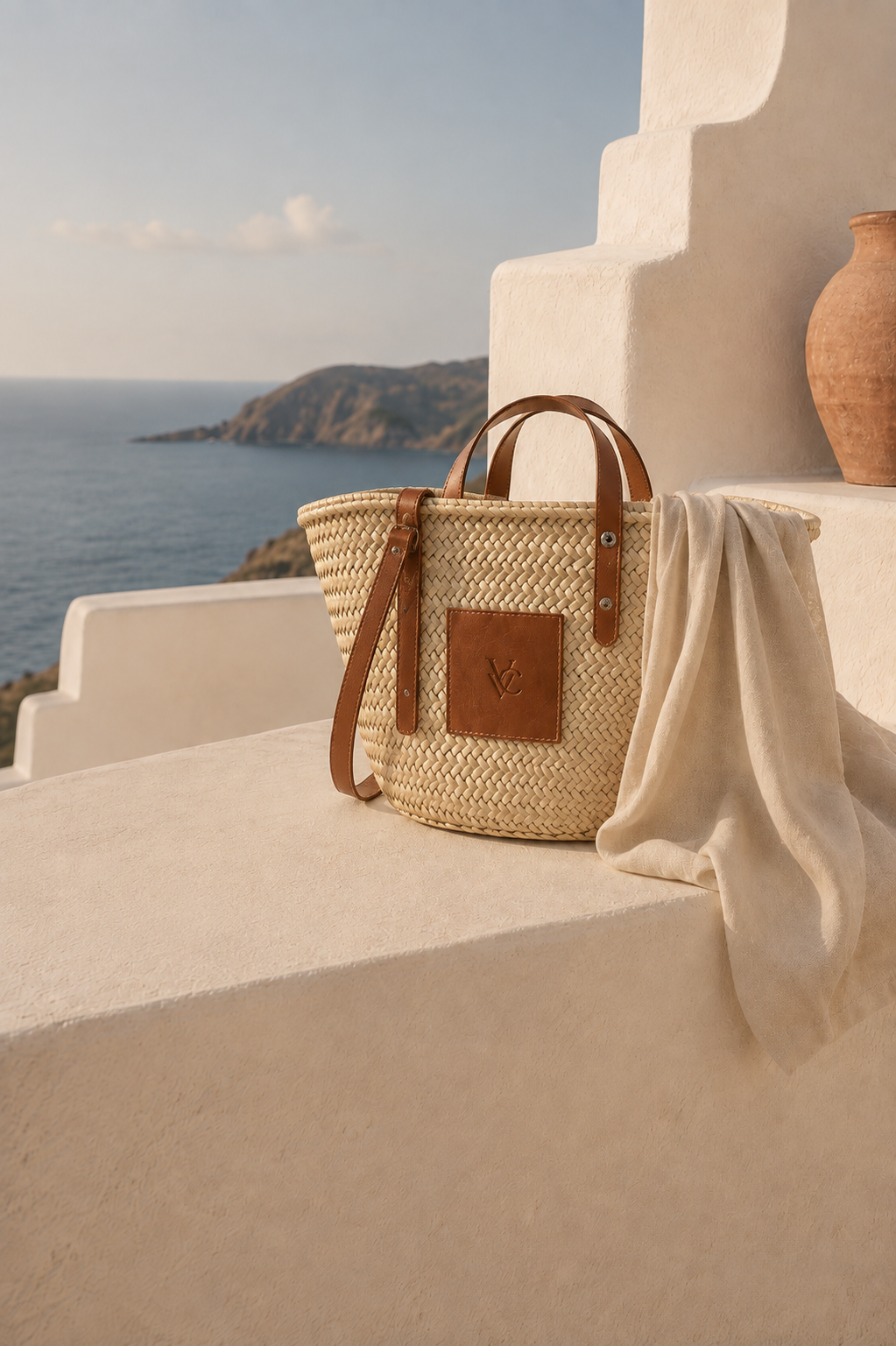 Large handmade palm leaf basket with camel brown leather handles at a luxury Mykonos poolside resort. Natural unisex beach bag, shopping basket and Mediterranean lifestyle essential by VVC.