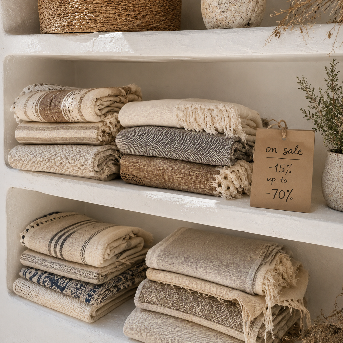 White handmade shelf with folded wool blankets and a handwritten sale tag, styled as a calm VVC SHOP Sitia sale image.