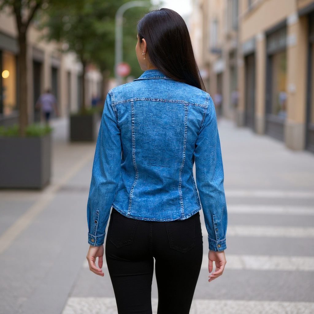 Back view of women’s blue slim fit denim shirt-jacket by 3D Denim showing long sleeves, tailored cut and classic denim wash