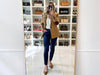 3Denim dark blue laminated pants styled in a modern lifestyle look, slim fit stretch trousers with vegan-friendly leatherlook