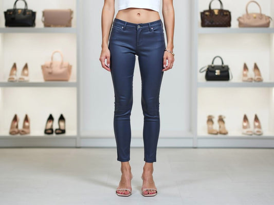 3Denim dark blue laminated slim fit pants with vegan-friendly leatherlook finish, stretch comfort and chic styling at VVC SHOP Sitia Crete