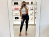 3Denim dark blue laminated slim pants with vegan-friendly fabric blend, easy-care leatherlook style available at VVC SHOP Sitia