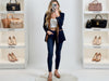 3Denim dark blue slim fit leatherlook pants styled with jacket, practical wipe-clean trousers for moms, pet lovers and daily chic looks
