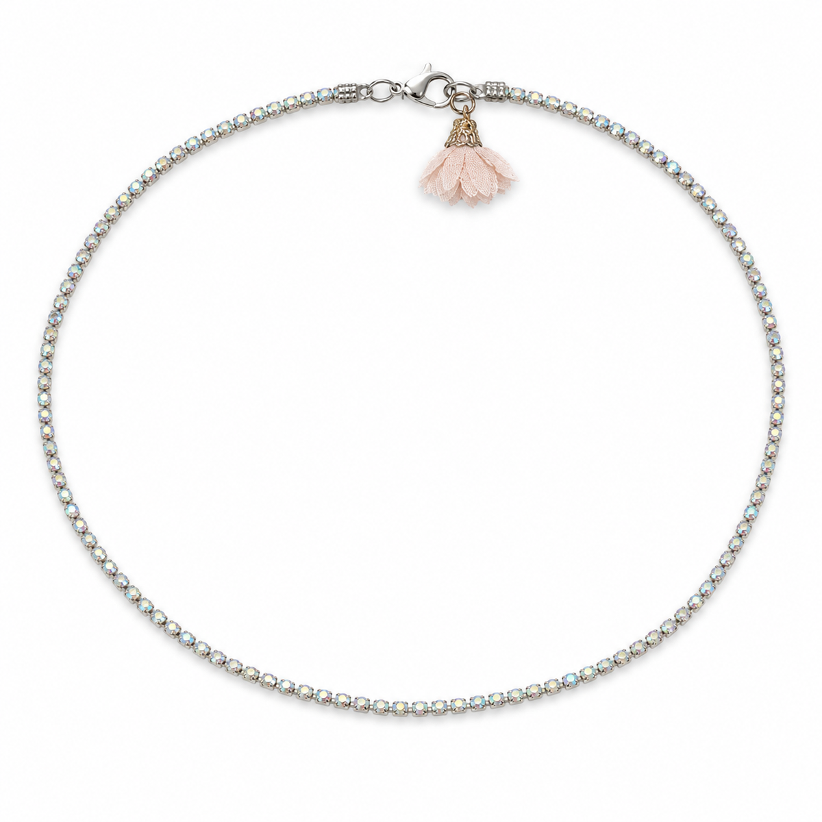 40 cm iridescent rhinestone choker necklace with blush textile flower and silver-tone clasp by VVC Shop Sitia.