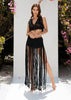 Lightweight black cotton skirt and vest set by Zoe, macrame detailing, perfect for summer festivals