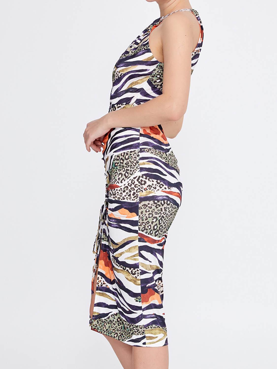 Animal Print Pencil Dress for Events in Sitia Crete side view orange, purple aubergine zebra and leo 