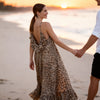 Back view of camel leopard print maxi dress in Sitia Crete sunlight