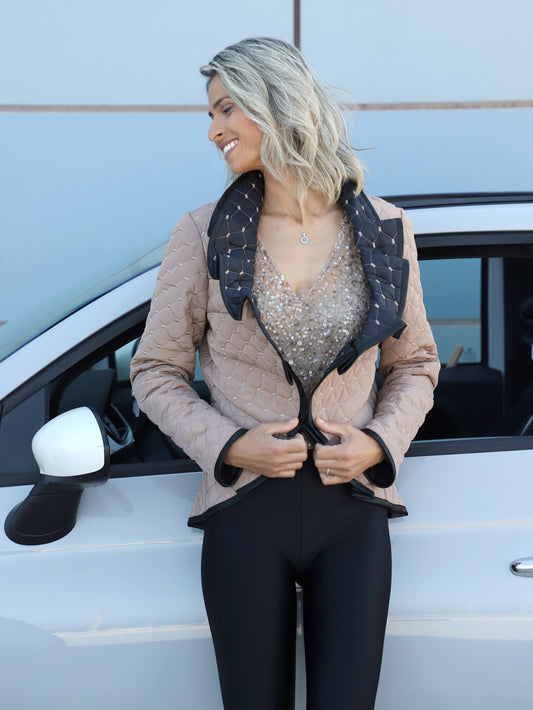 Front view of beige diamond quilt puffer jacket women’s jacket by VVC, featuring a fan-shaped collar and tailored fit, made in Greece.
