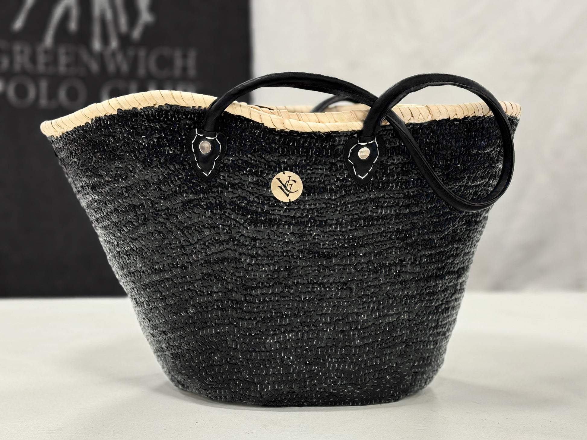 Back view of Handmade sequin basket with black shiny sequins and silver angel wings embroidery, featuring black leather handles. SHOPPING BAG, TOTE BAG, beach basket 