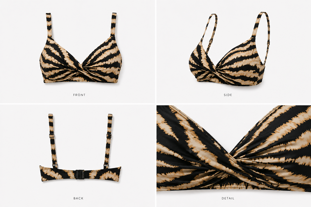 Premium zebra pattern bikini top by Diver Luxury Swimwear featuring a flattering twist front, double-layer construction, adjustable shoulder straps and secure black closure for active swimwear comfort.