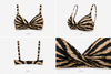 Premium zebra pattern bikini top by Diver Luxury Swimwear featuring a flattering twist front, double-layer construction, adjustable shoulder straps and secure black closure for active swimwear comfort.