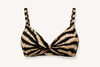 Diver Luxury Swimwear zebra print bikini top with twist-front design, supportive C–D cup fit, adjustable straps and black back clasp, styled for luxury beach and resort wear.