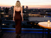 Brown bodycon slim fit dress with spaghetti straps, back view