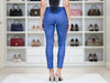Bright marine blue skinny-fit trouser — back view, 5 pockets, mid-waist, laminated leather-look finish