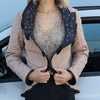 Close up Front view of beige diamond quilt puffer jacket women’s jacket by VVC, featuring a fan-shaped collar and tailored fit, made in Greece..