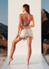 Sahara Top beige beachwear look, backless macramé tying, boho luxury vibe