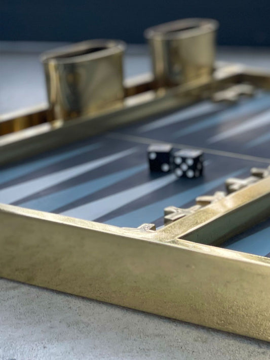 Handmade brass and leather backgammon set by Popham Design, made in Morocco, sold in Sitia, Crete