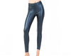 A pair of faux leather leggings with an elastic waistband, featuring a shiny black finish.