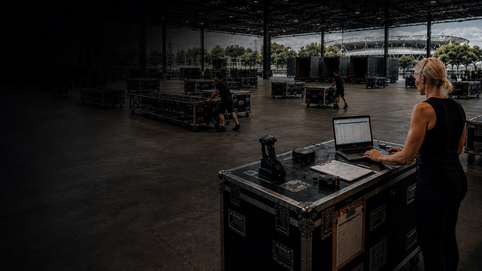 Road cases and technical equipment prepared inside an industrial event pavilion for accurate truck load to Switzerland.