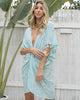 VVC Playful Boho Top front view, SKY BLUE zebra pompoms, multi-purpose beach cover-up