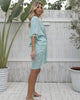 VVC Playful Boho Top side view, slit detail, mini dress style, two color options turquoise, teal, sky blue, baby blue, light blue
