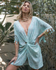 Woman wearing a light blue zebra boho  dress with tassel, Top beach cover up sitia  