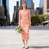 Front facing view of coral geometric midi dress, long sleeve, lightweight 250g design by BerrIn, made in Turkey.