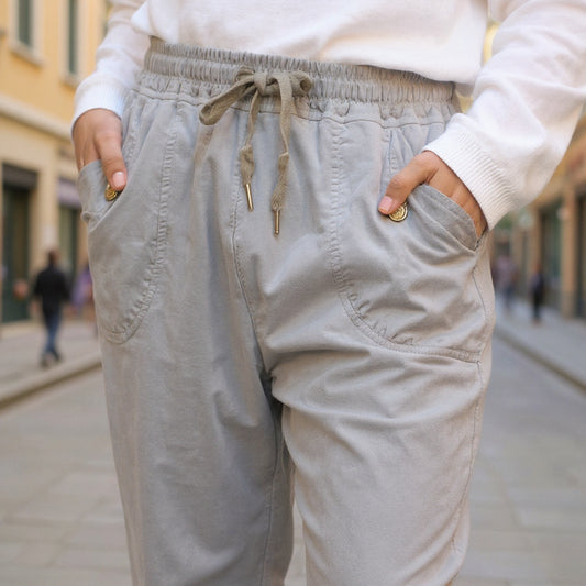 Loose Fit Carrot Cut Βαμβακερό Παντελόνι με Κορδόνι στη Μέση | Made in Italy – Γκρι