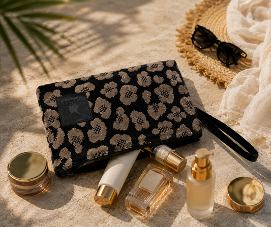 Greenwich Polo Club cosmetic beach bag 3862 in floral animal print styled with luxury skincare products for elegant summer travel