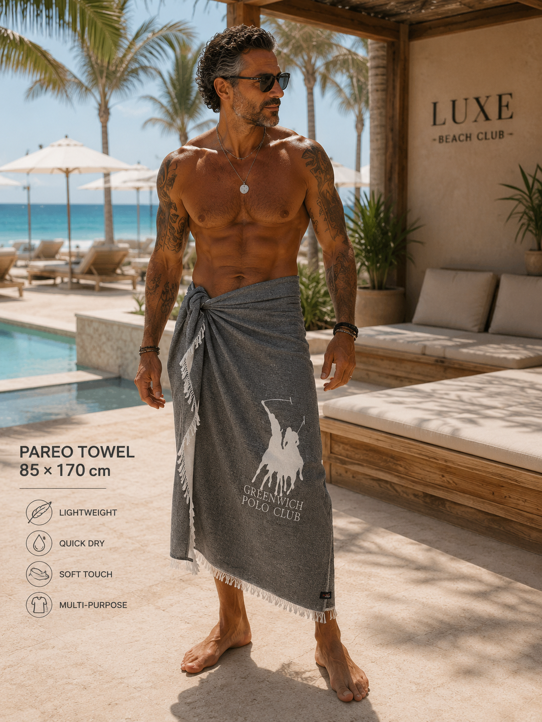 Greenwich Polo Club Maxi Pareo Towel in grey, 85x170 cm cotton muslin beach, spa and travel towel available at VVC SHOP Sitia, Crete