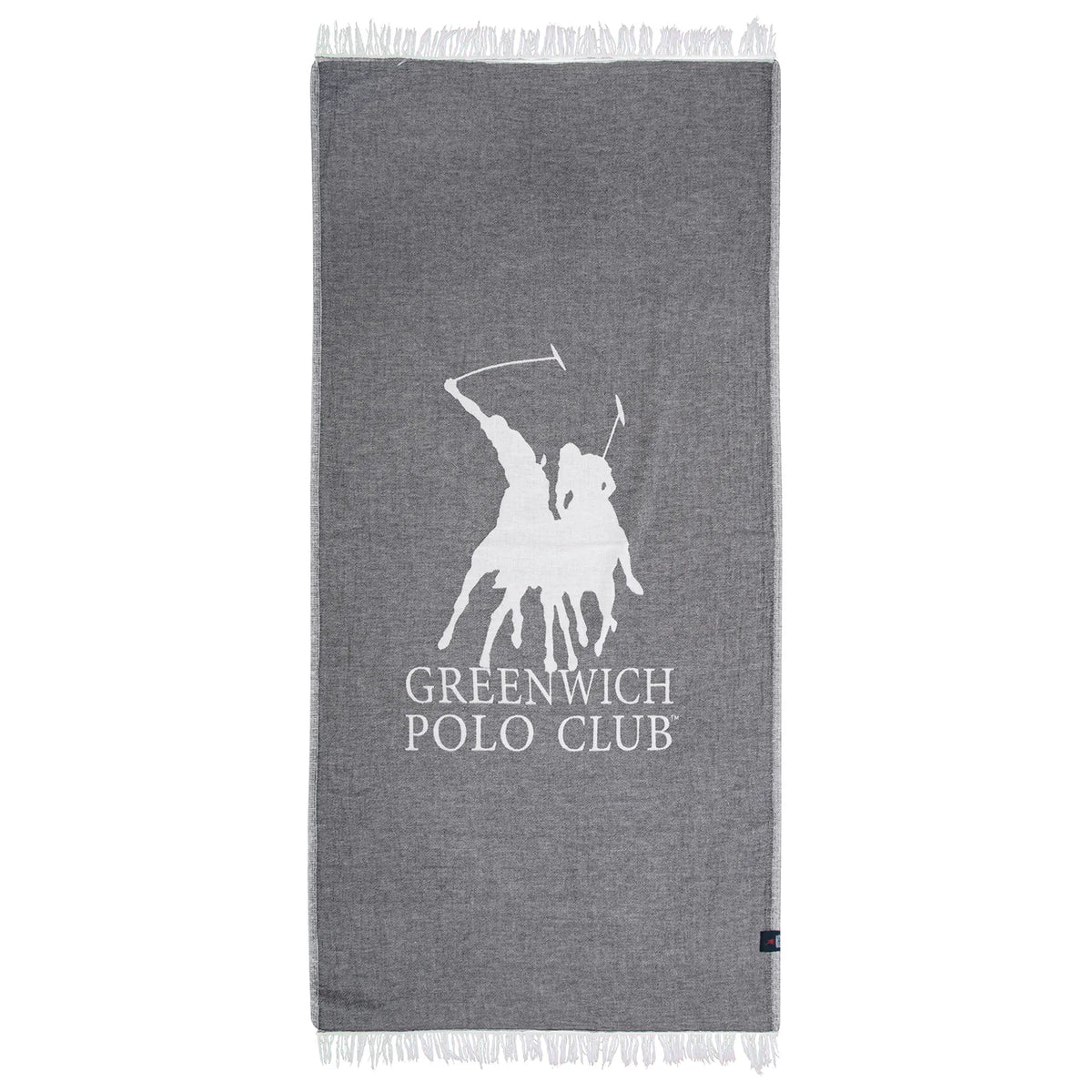 A Greenwich Polo Club Pareo Towel in gray with fringes and a visible logo, draped and folded casually.
