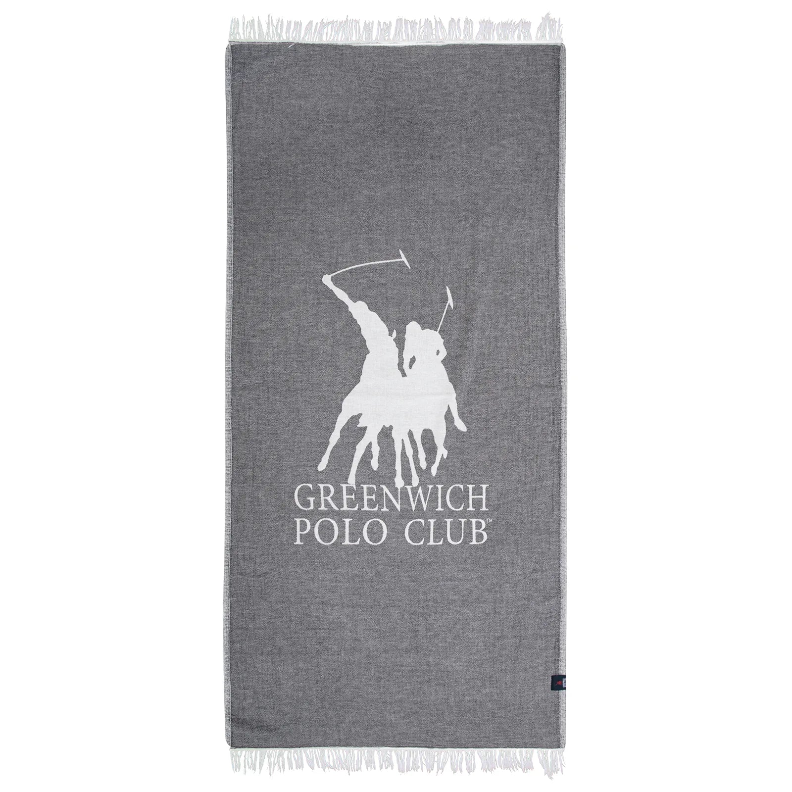 A Greenwich Polo Club Pareo Towel in gray with fringes and a visible logo, draped and folded casually.