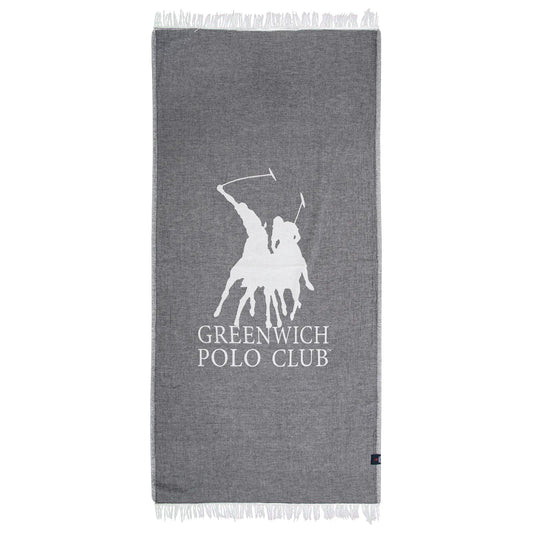 A Greenwich Polo Club Pareo Towel in gray with fringes and a visible logo, draped and folded casually.