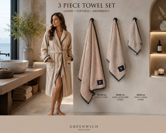 Greenwich Polo Club towel set beige 30x50 50x90 70x140 cm luxury bathroom towels available in Sitia Crete.