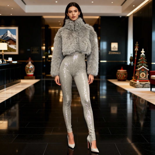 Grey cropped faux fur jacket with front view showing zipper closure and high turtle neck.