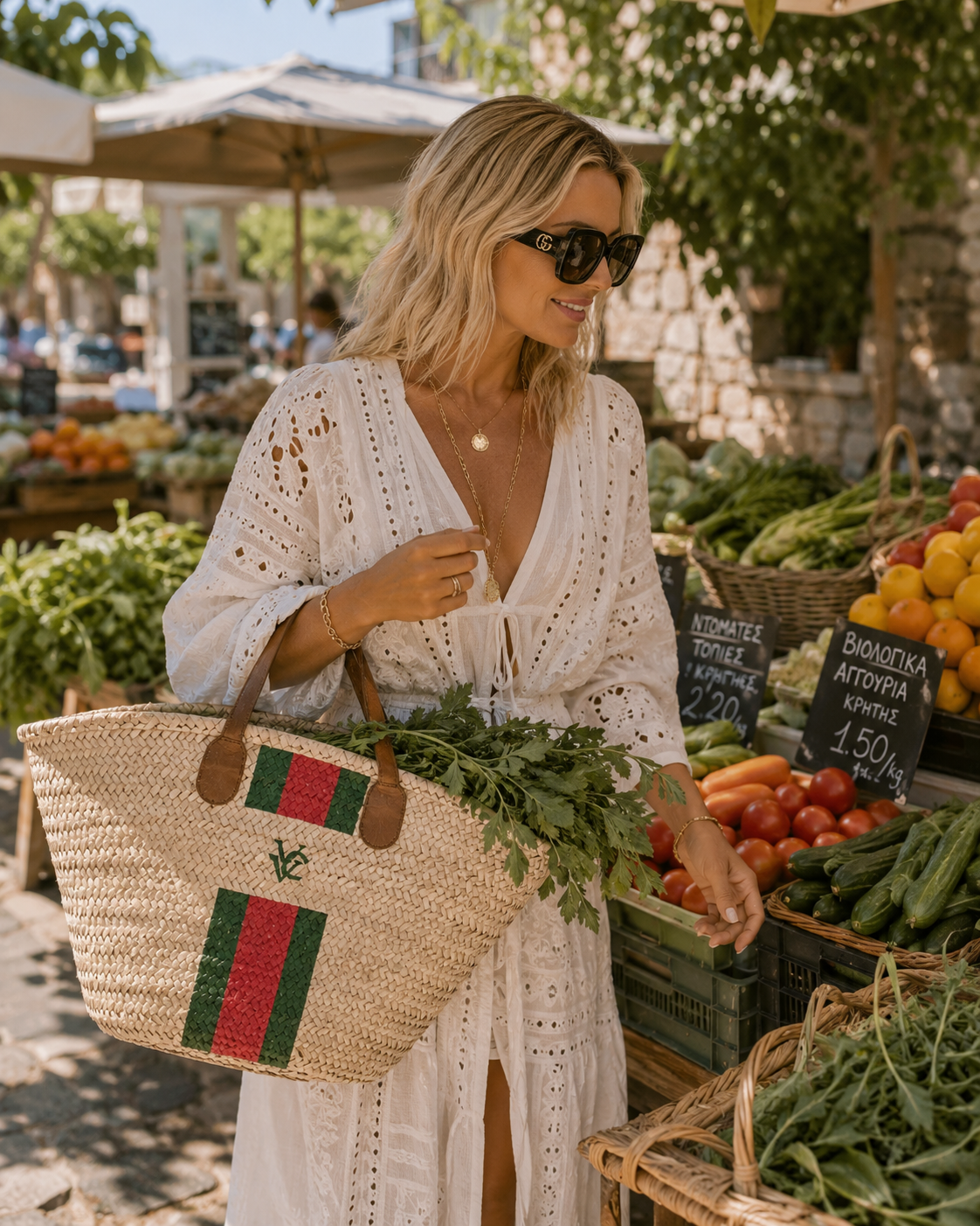 Handmade market basket in Sitia Crete used for local shopping, fresh produce and Greek island living.
