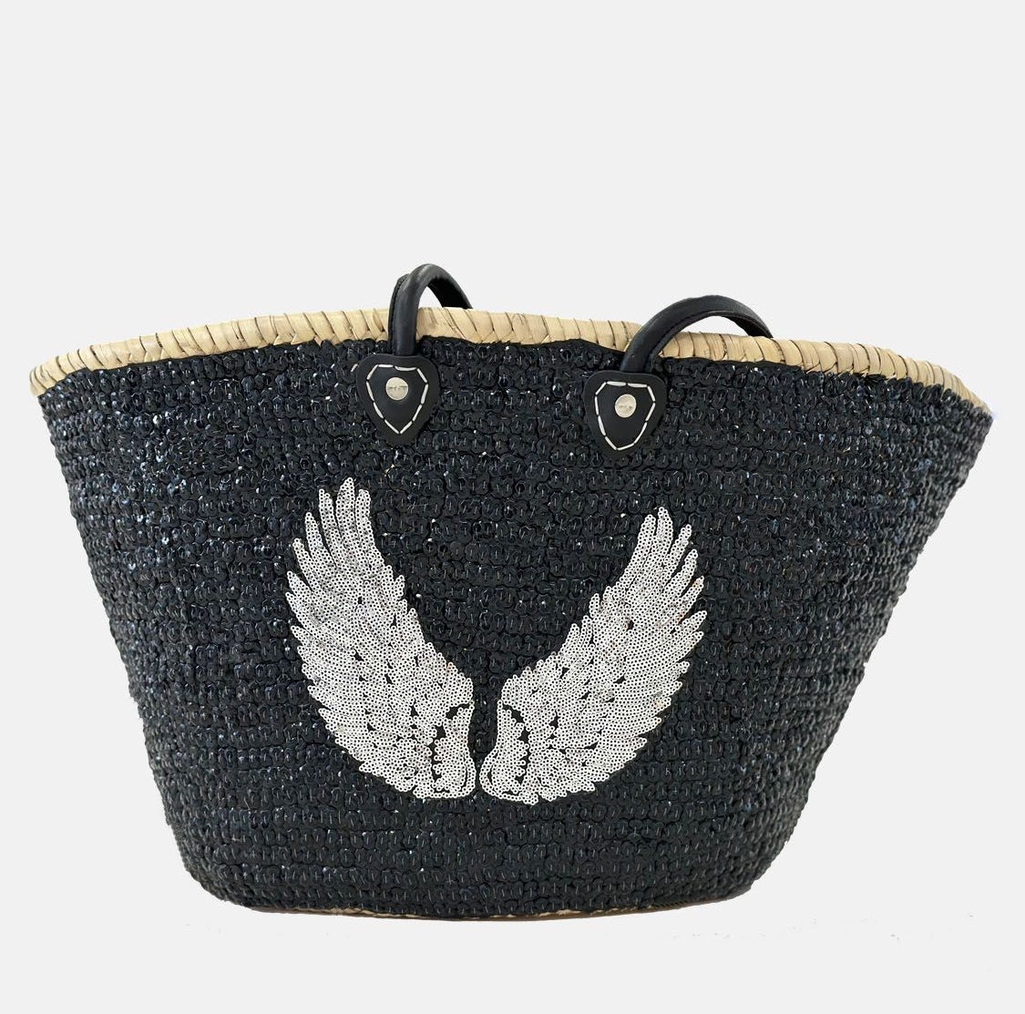 Handmade sequin basket with black shiny sequins and silver angel wings embroidery, featuring black leather handles. SHOPPING BAG, TOTE BAG, beach basket 